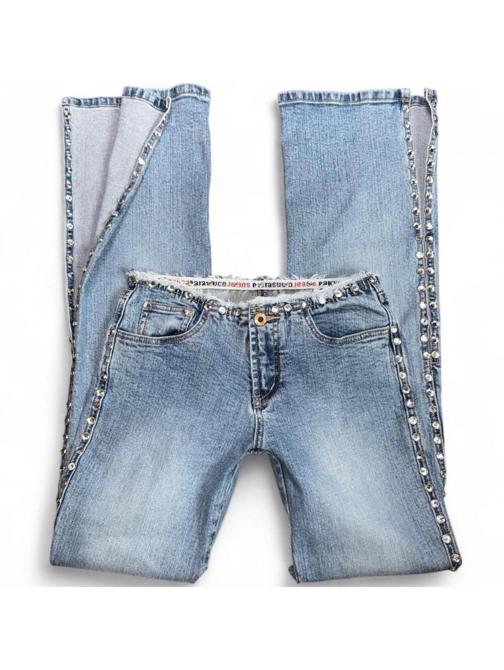 Rare Vintage Parasuco Low Rise Rhinestone Split Hem Bootcut Jeans Y2K